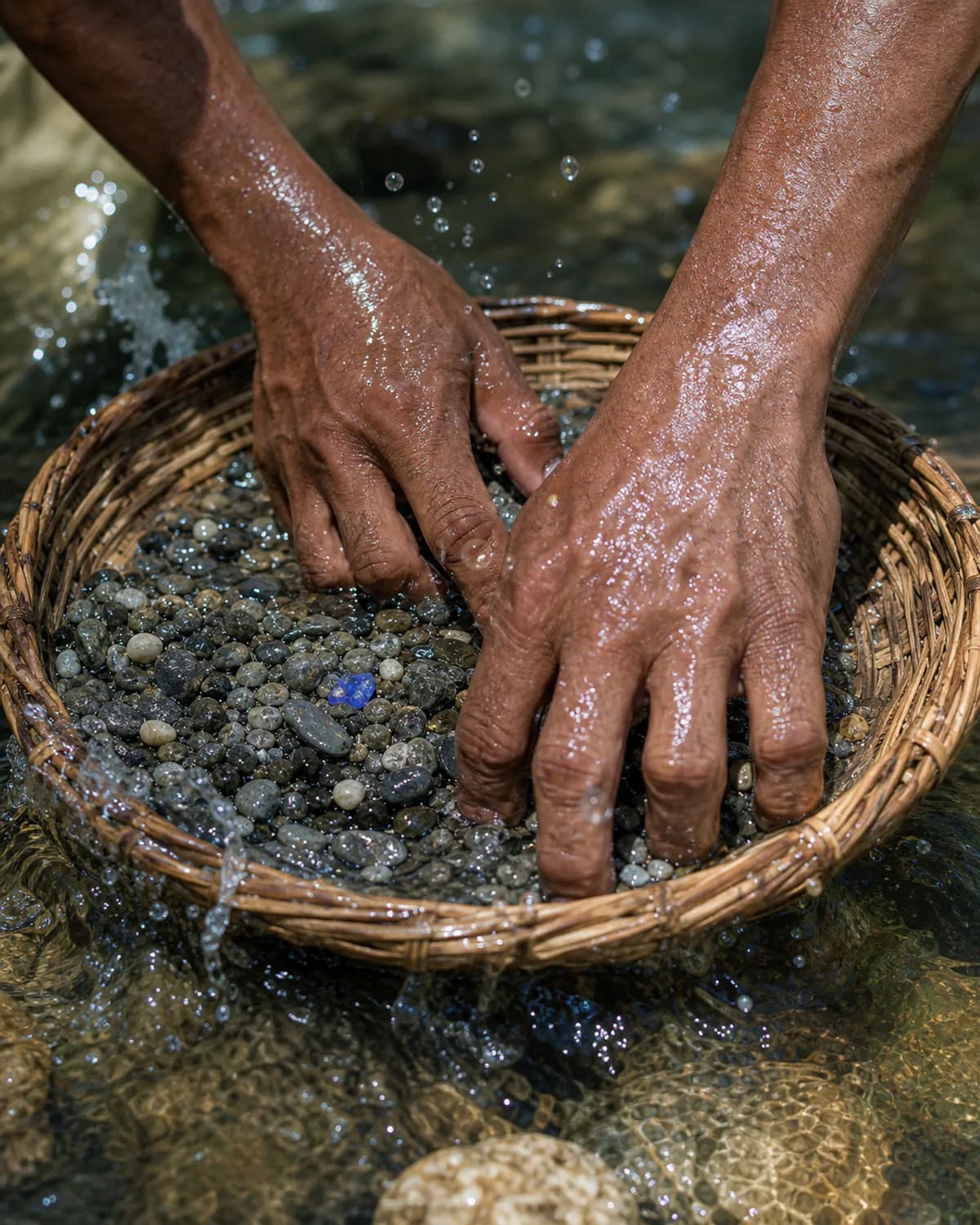 Hands washing river gravels in a woven basket to reveal rough sapphires