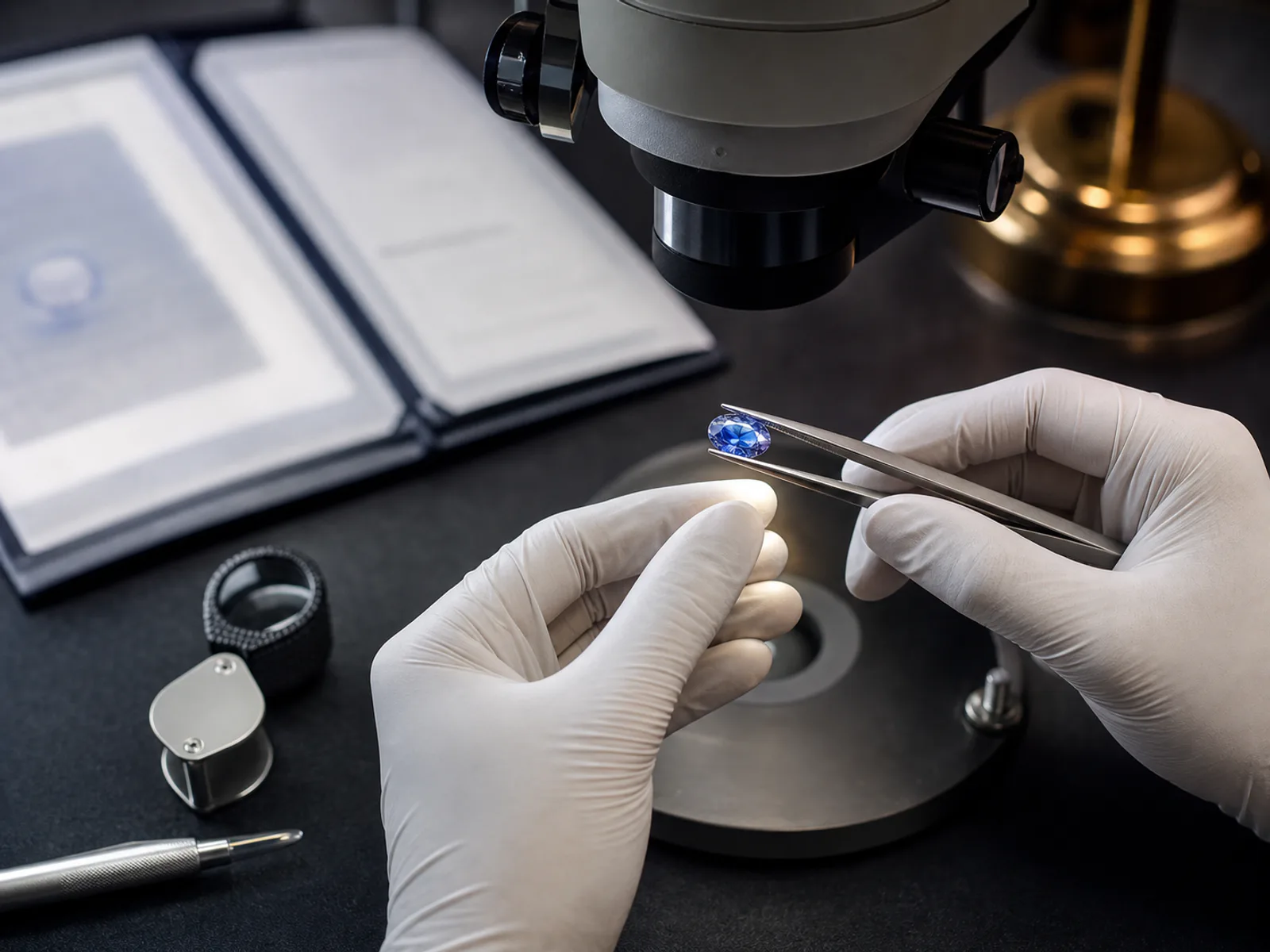 A gemologist inspecting a blue sapphire under laboratory conditions