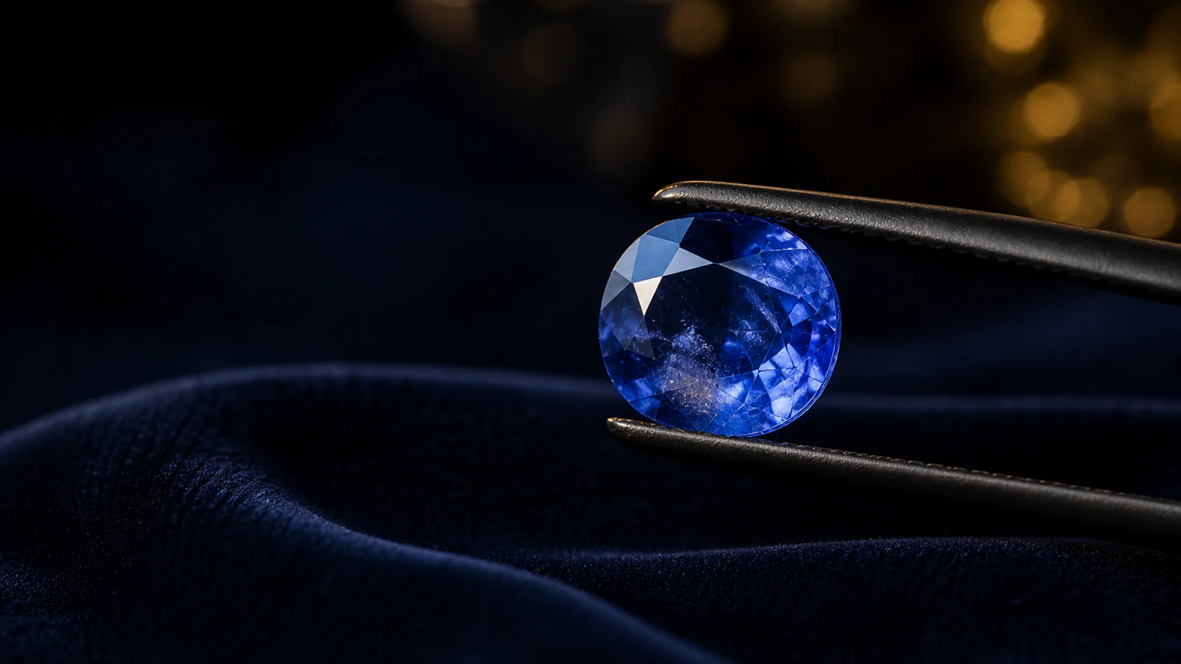 A royal blue Ceylon sapphire held in jeweller's tweezers over midnight-blue velvet