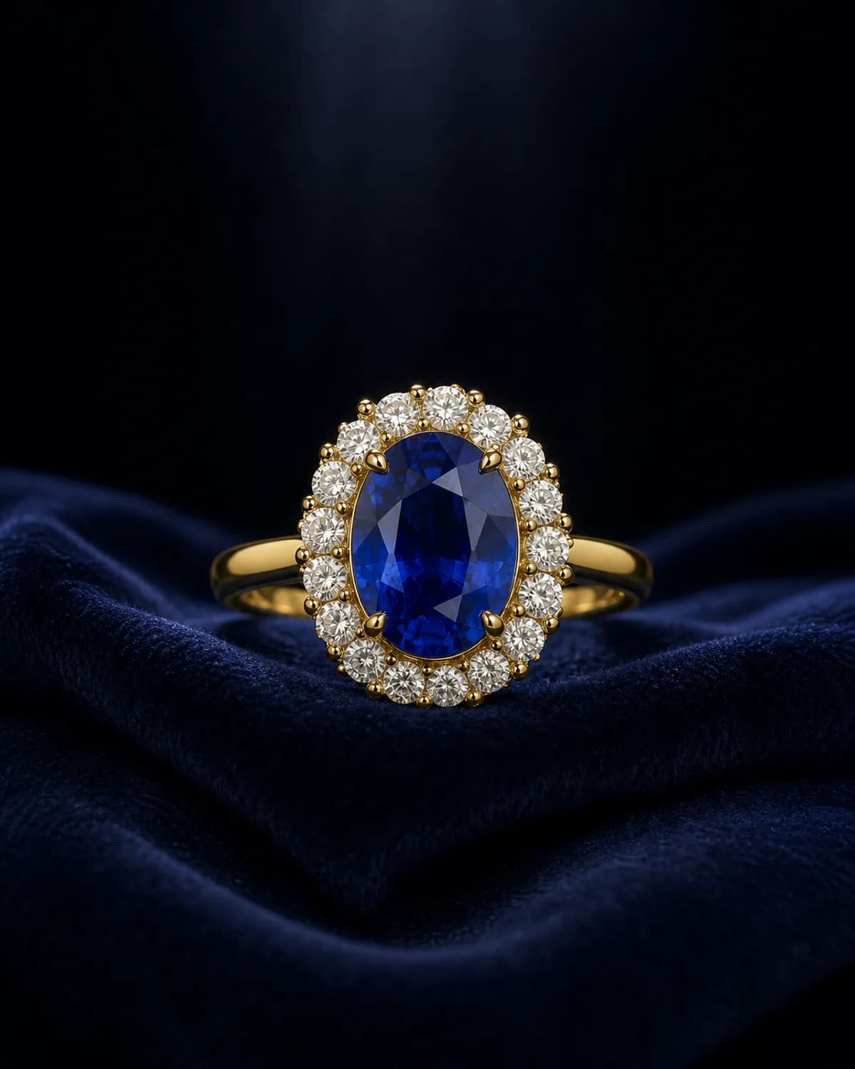 An oval royal blue Ceylon sapphire ring in yellow gold on midnight velvet