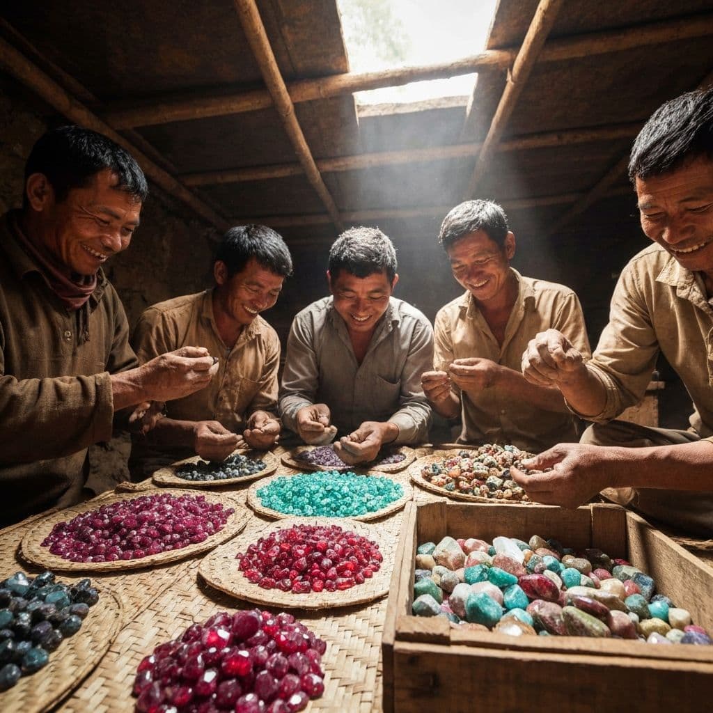 Local miners sorting gemstones
